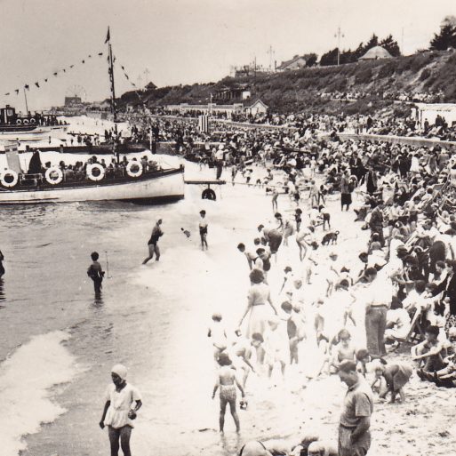 Nemo II & Viking Saga at Clacton beach, beach packed full of people sunbathing in deck chairs | Sourced by Roger Kennell, Clacton & District Local History Society