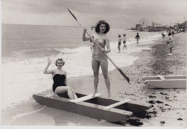 Two beauty queens promoting Clacton's paddle boats | Sourced by Roger Kennell, Clacton & District Local History Society